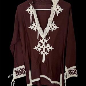 1970'S MOROCCAN DJELLABA / CAFTAN HANDMADE w/ INTRICATE EMBROIDERY TUNIC TOP